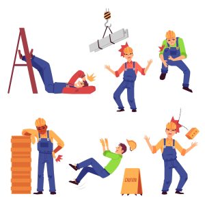 Cartoon pictures of different types of accidents, including a slip and fall.