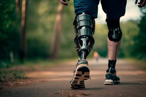 A man with a bionic leg walking in a park. 